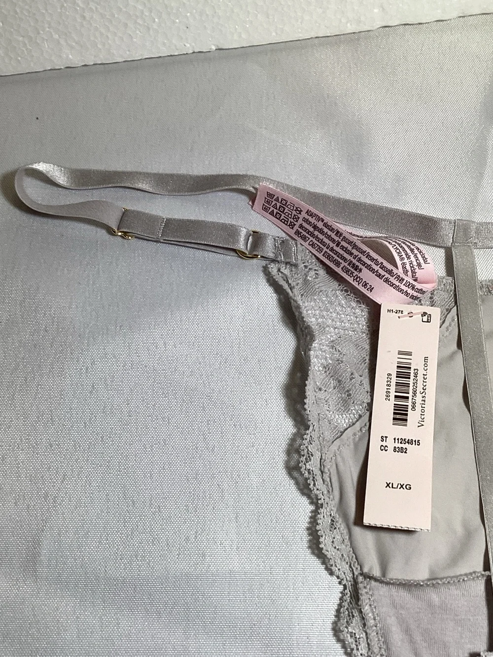 Victoria's Secret Lace-Trim Thong Panty - Light Gray with Pink Accent